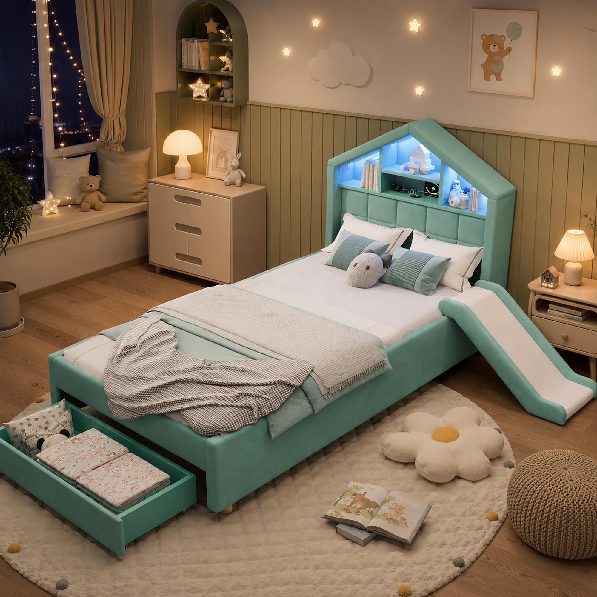 Kinderbett 90x200 cm, gepolstertes Hausbett mit Rutsche und Bettkasten, blaugrünes Samtbett mit Hauskopfteil für das Kinderzimmer