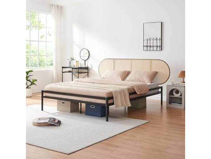 [en.casa] Bett Linköping 160 x 200 cm Bettgestell und Lattenrost Metallbett mit ovalem Kopfteil Doppelbett max. 300 kg Schwarz mit Rattanoptik