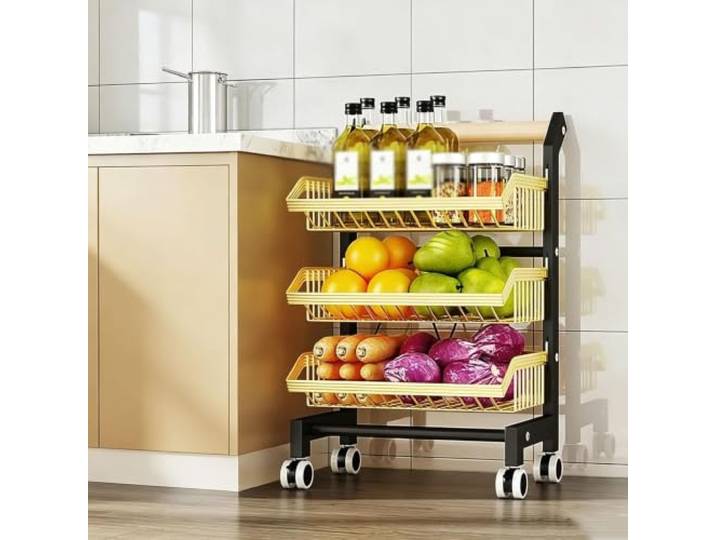Dexinhdh Servierwagen, Gemüseregal mit Rollen Vorratskammer-Organizer für Lebensmittel, Snacks, Zwiebeln und Kartoffeln(Gold,3-Tier)