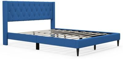 Costway Queen Size Upholstered Platform Bed with Button Tufted Wingback Headboard-Blue