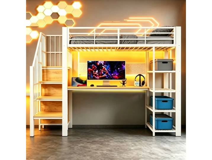 VUENOR Lit mezzanine 90x200 cm blanc – bureau LED escalier rangement sans matelas
