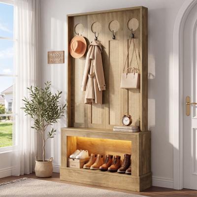 YUZHOU "Entryway Hall Tree with Shoe Storage and LED Light, 69.7"" Rattan Coat Rack"
