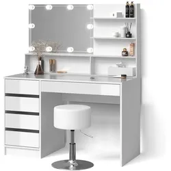 SCHMINKTISCH Imola, Weiß, mit Spiegelregal, LED-Lichterkette und Hocker