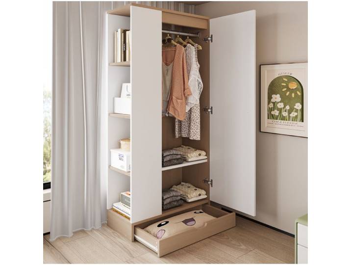 Armoire chambre 1 porte 70x40x170 cm bois naturel et blanc avec étagères et tiroirs