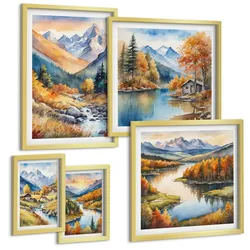 BILDER SET 5er Set - 50x50 cm & 20x30 cm & 40x60 cm Goldrahmen - Berglandschaft, Flusshütten