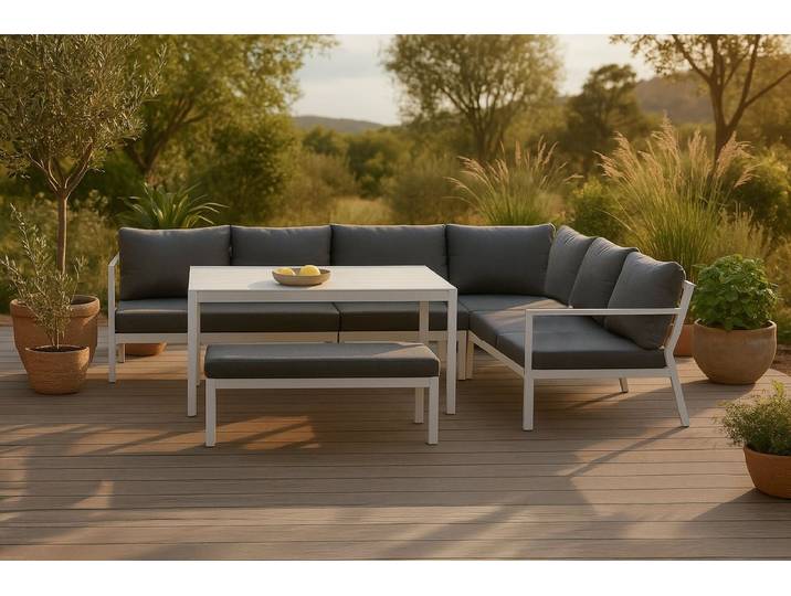 Garten Loungeset Jule – 4-teiliges Set mit grauen Kissen - Weiß - Dunkelgrau - Luxusbetten24