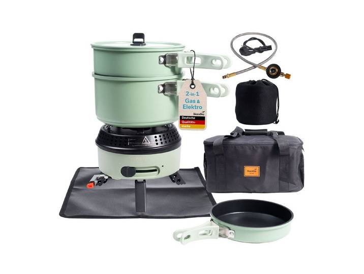Skandika Gaskocher Campingkocher Hybrid Rask Set, mit Geschirr, Topf und Pfanne, (Alle Teile platzsparend ineinander stapelbar, Tragetasche), 2 in 1 Betrieb mit Strom oder Gas, Set mit Unterlage & Tasche