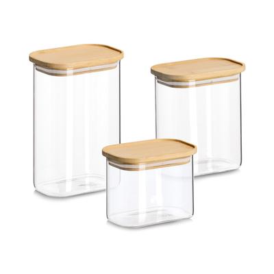 Vorratsglas ZELLER PRESENT "Vorratsglas-Set mit Bambusdeckel, 3tlg.", transparent, Borosilikatglas, Lebensmittelaufbewahrungsbehälter, 12,8x9x10 (600 ml), 12,8x9x14,2 (1.000 ml), 12,8x9x18,8 (1.300 ml) cm