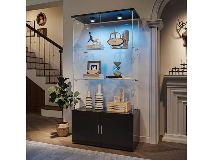 JiaOyu Glasvitrine mit LED-Beleuchtung, Vitrinenschrank mit Schloss, Glasvitrine Staubdicht für Sammlungen, Standvitrine Glasschrank für Wohnzimmer Schlafzimmer (Schwarz+LED, 3 Schichten+Schrank)