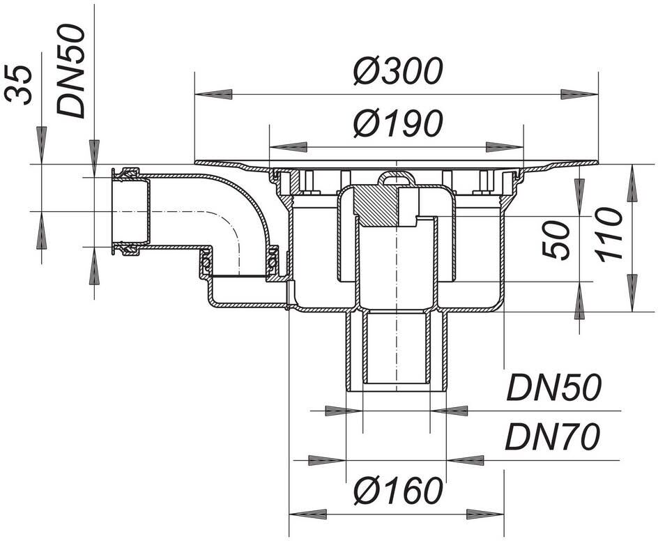 Dallmer Ablaufgehäuse 61/1 HT, Zulauf DN 50, DN 50/DN 70