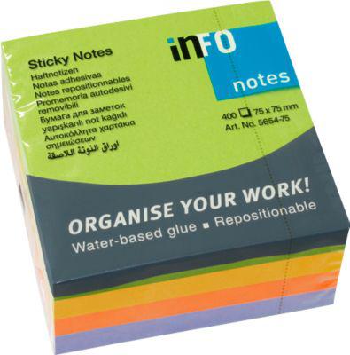 INFO Haftnotizen Brillant, 75 mm x 75 mm, 1 x 400 Blatt, limonengrün, rapsgelb, orange, violett