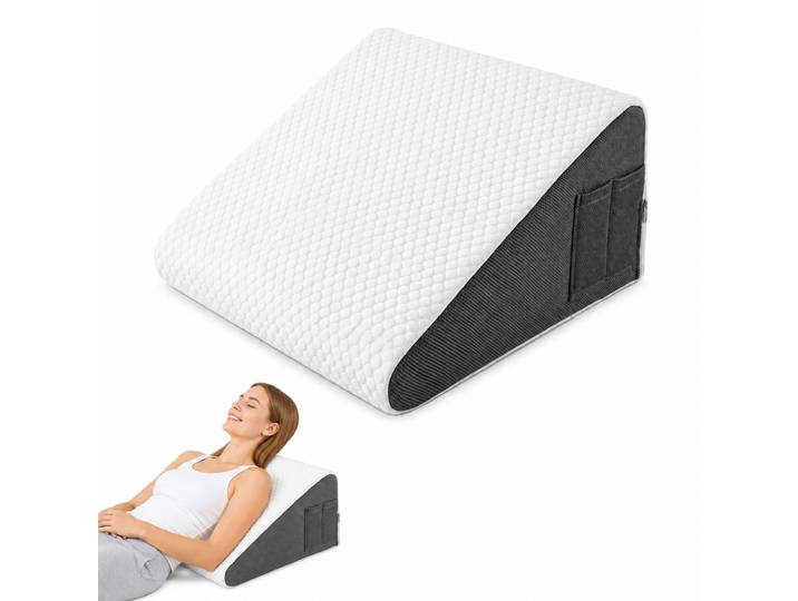 Oreiller triangulaire rafraîchissant en soie glacée avec 2 poches latérales, respirant, pour dormir, lire et soulager les douleurs dorsales