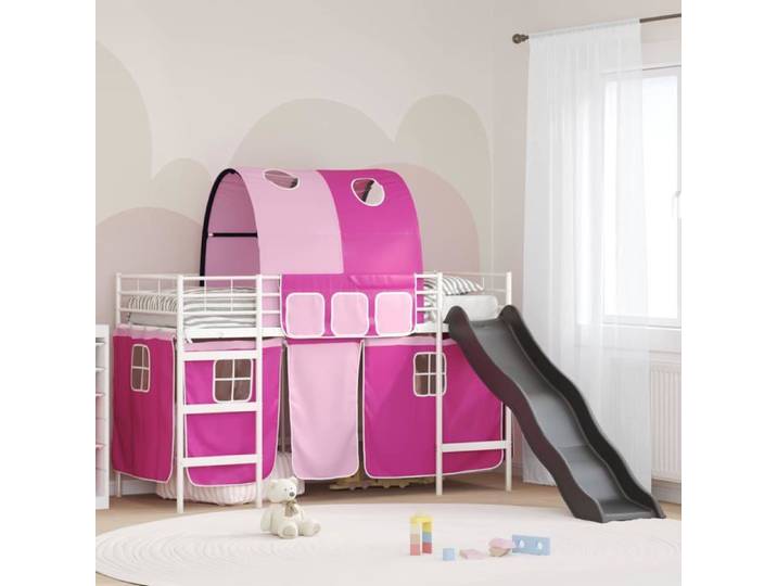 Lit loft enfant avec toboggan - - Blanc et Bleu - Cadre en acier - 80x194x116 cm - Toboggan intégré