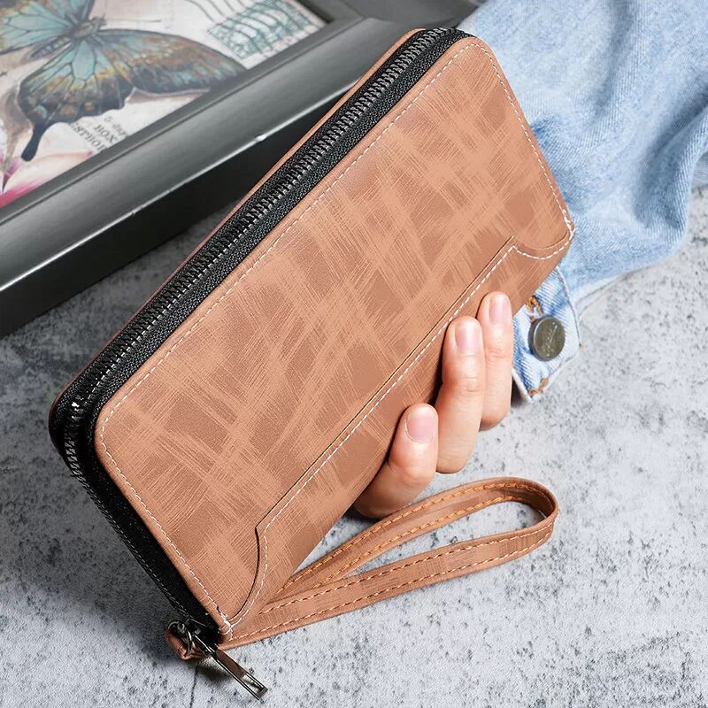 INF Élégant portefeuille marron : Long, zippé et multifonctionnel