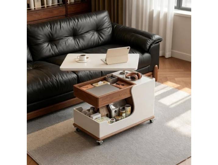 HLDJYLZS Couchtisch, Höhenverstellbarer Couchtisch, Mobiler Beistelltisch Couchtisch Höhenverstellbar, Drehbarer Couchtisch, Mobiler Beistelltisch, Stauraum, Ablage, Wohnzimmer