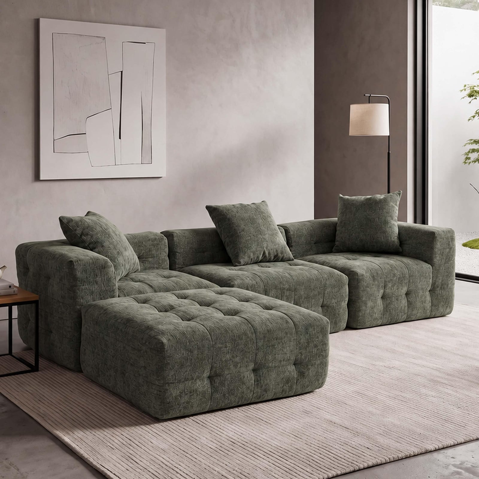 Mendler Loungebank HWC-R33, 3-zits L-vormige sofa in groen textiel, Breedte: 270 cm