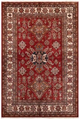Treasured Knots Rustic Super Kazak Zahra Red/Beige Hand Knotted Wool Square - 5'1'' x 6'0''