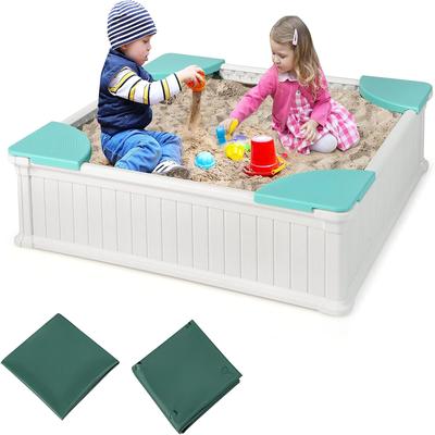 "12.5"" Kids Sandbox with Cover Large HDPE Pit w/ 4 Corner Seats"