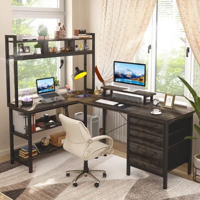 Rackcog Ultimate L-Shape Gaming Desk with Bookshelf Hutch and 3 Fabric Drawers, Computer Desk with Power Outlets and LED Lights