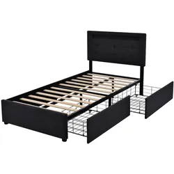 Polsterbett 90x200 mit LED-Beleuchtung, 2 Schubladen, höhenverstellbarem Kopfteil, inkl. Lattenrost, Stauraum & Fernbedienung Schwarz