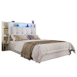 OKWISH Polsterbett 90x200 cm mit USB Typ-C Ladefunktion und multifunktionalem Stauraum – elegantes Design in Beige