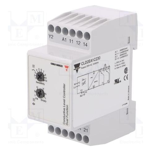 Carlo Gavazzi Ind- og udpumpningsrelae justerbar følsomhedspolespaending 230V AC, 2 polet skiftekontak (5709870381312)