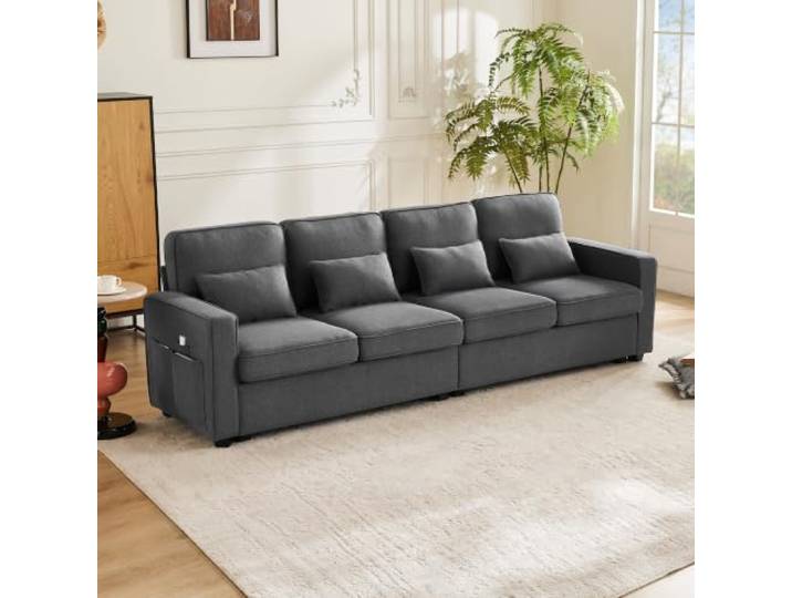 BXEYXE Modernes 4-Sitzer-Sofa aus Stoff in Leinenoptik, Viersitzer-Sofa mit Armlehnentaschen und 4 Kissen, Sofa im einfachen Stil, geeignet für Wohnzimmer, Wohnung, Büro, 3 Farboption.