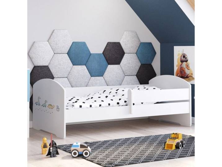 Lit enfant blanc LUK – 160x80 avec barrière et motif dinosaures