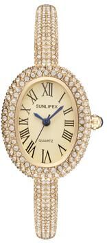 Youfap Market Elegant Women's Quartz Wrist Watch With Roman Numerals, Waterproof, Rhinestone Inlaid Oval Design gold