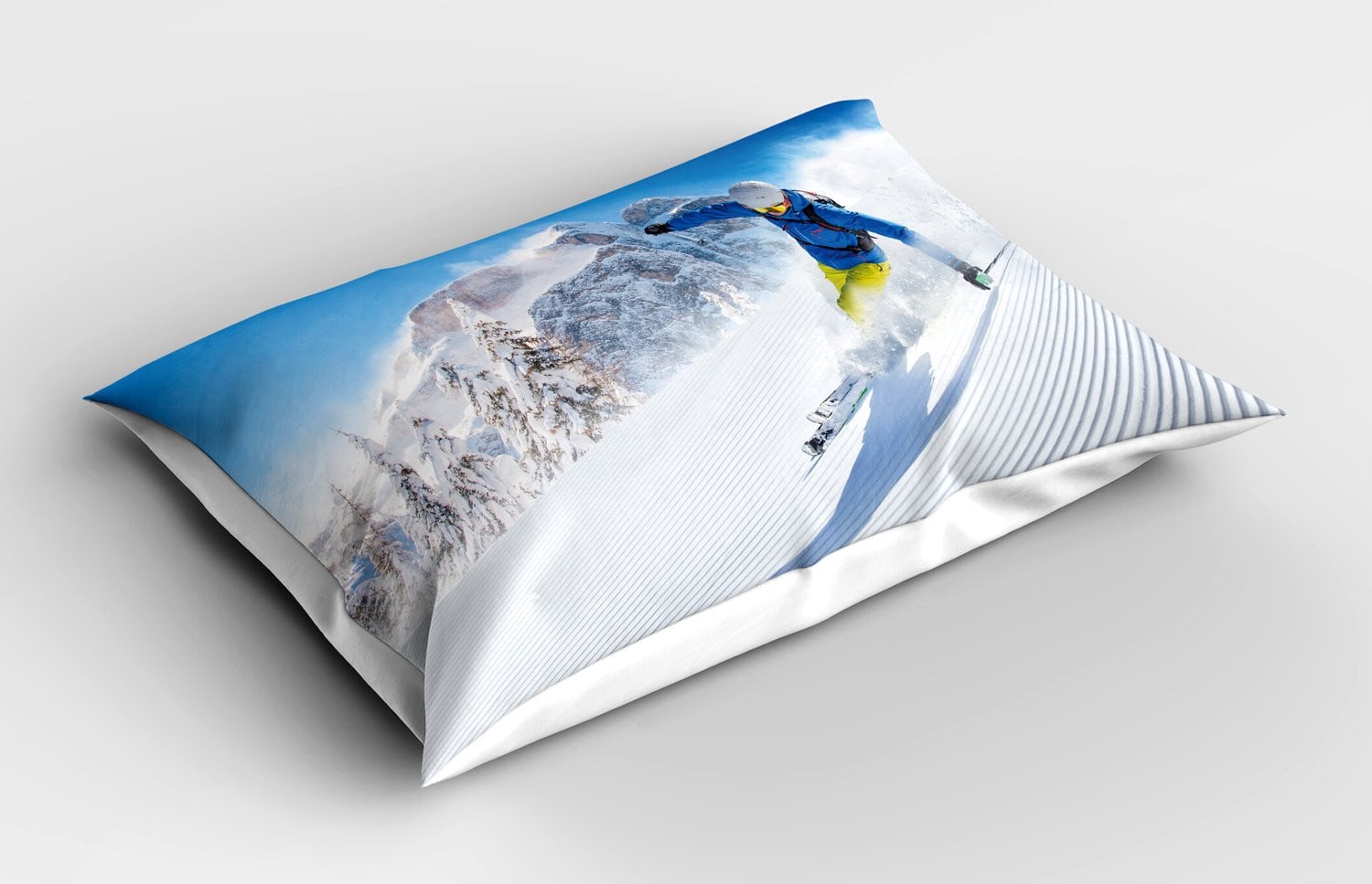ABAKUHAUS Winter Kussensloop Skiën Design, Blauw Wit Geel, 75 x 50 cm