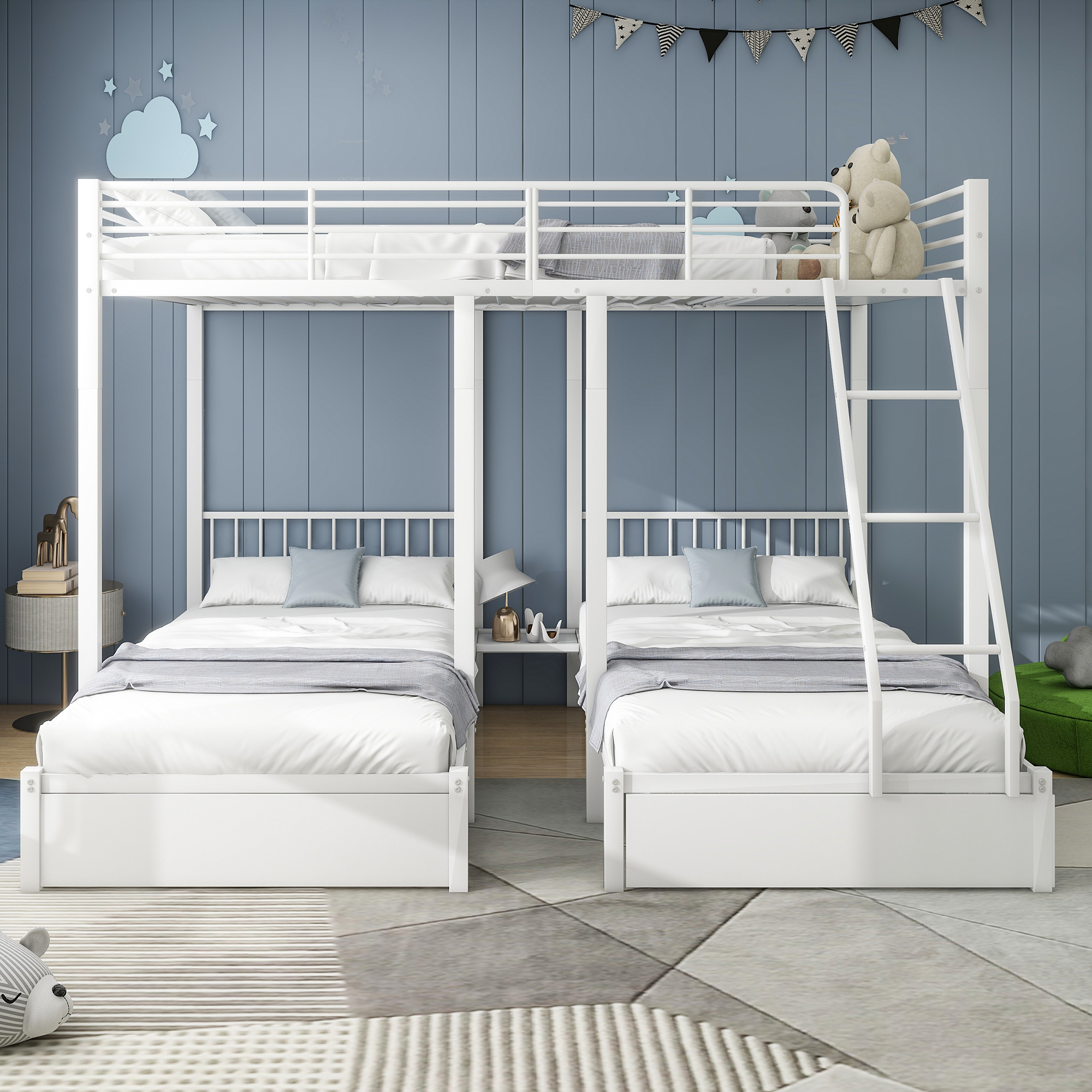 STILVORA Etagenbett Metallbett mit 140 x 200 Doppelbett & zwei 90 x 200 Einzelbetten,Hochbett Kinderbett mit Schubladen,Weiß(Ohne Matratze)