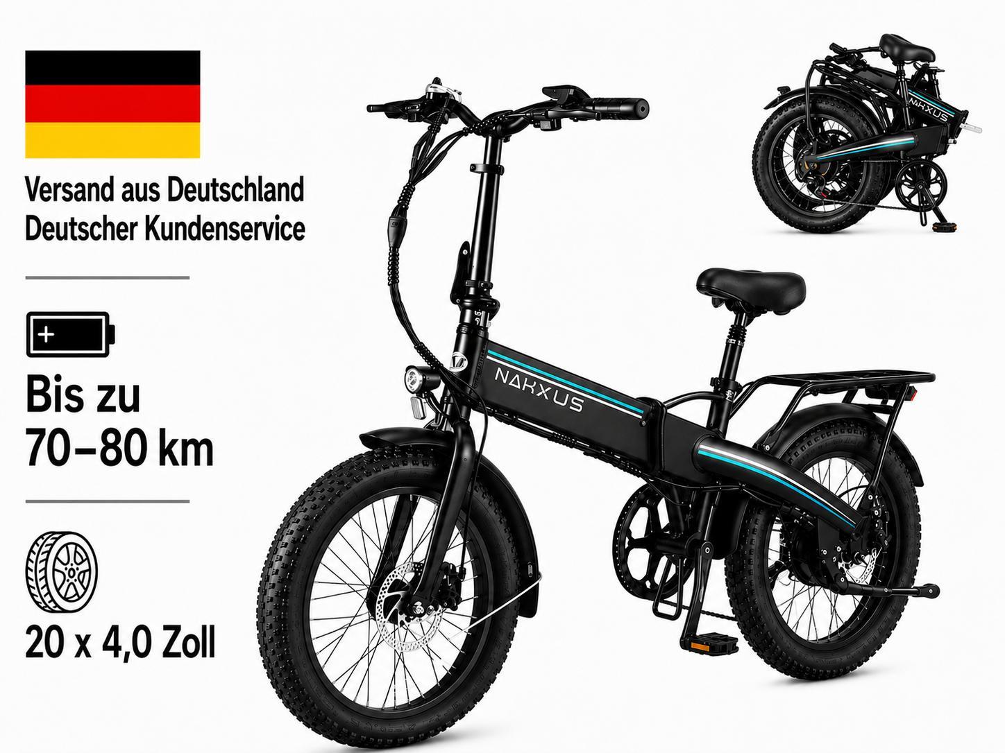 F063 20 Zoll Klapp E-Bike Fatbike, 48V 11.6Ah Akku, 250W Pedelec 25 km/h, Shimano 7-Gang, Scheibenbremsen, City & Freizeit