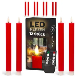 Novaliv, LED Kerzen, Stabkerzen LED mit Timer ROT 12 Stück indoor - 6 Stunden - ECHTWACHS gerippt 23cm Höhe für Kerzen (12x)