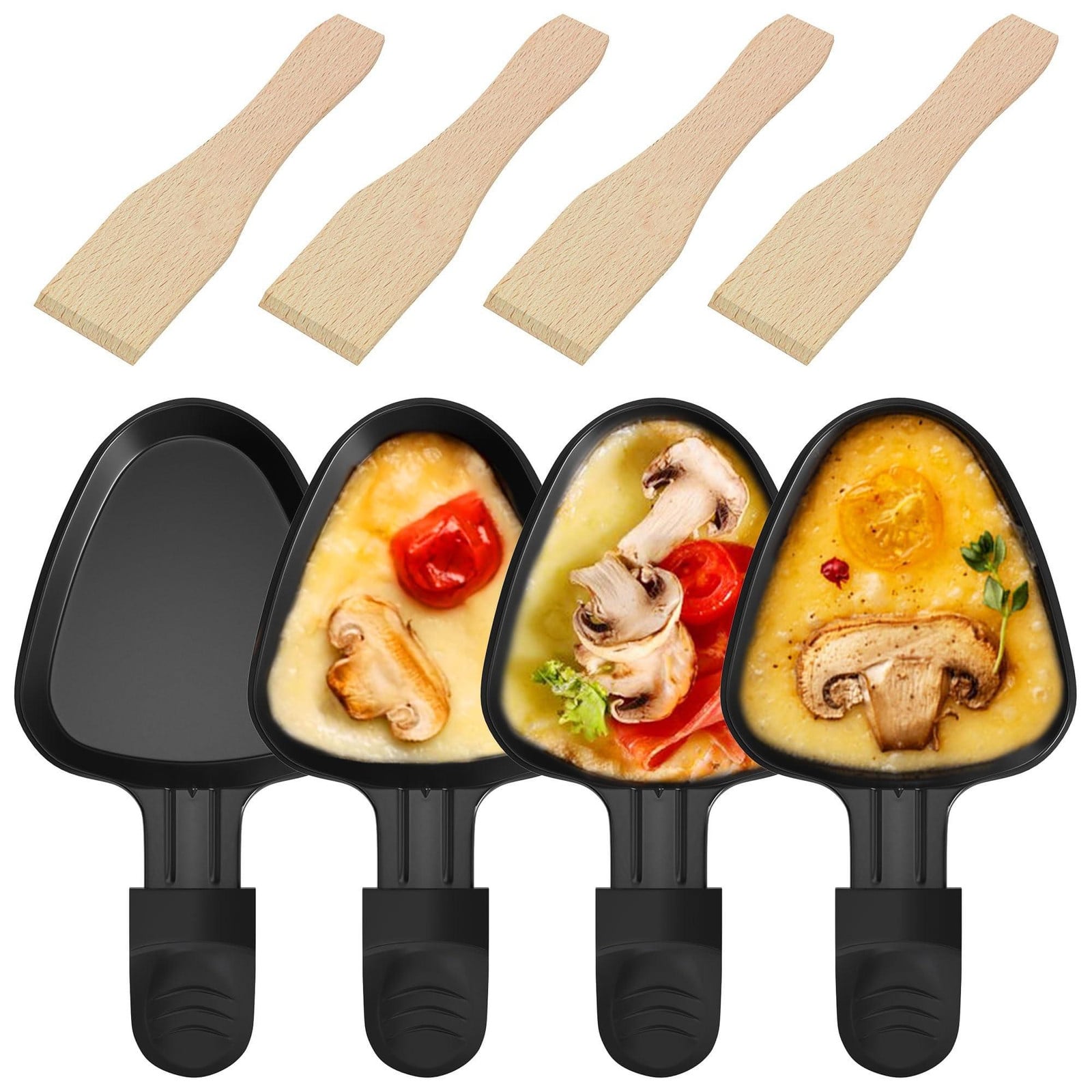 Set van 4 driehoekige raclette pannen met spatel