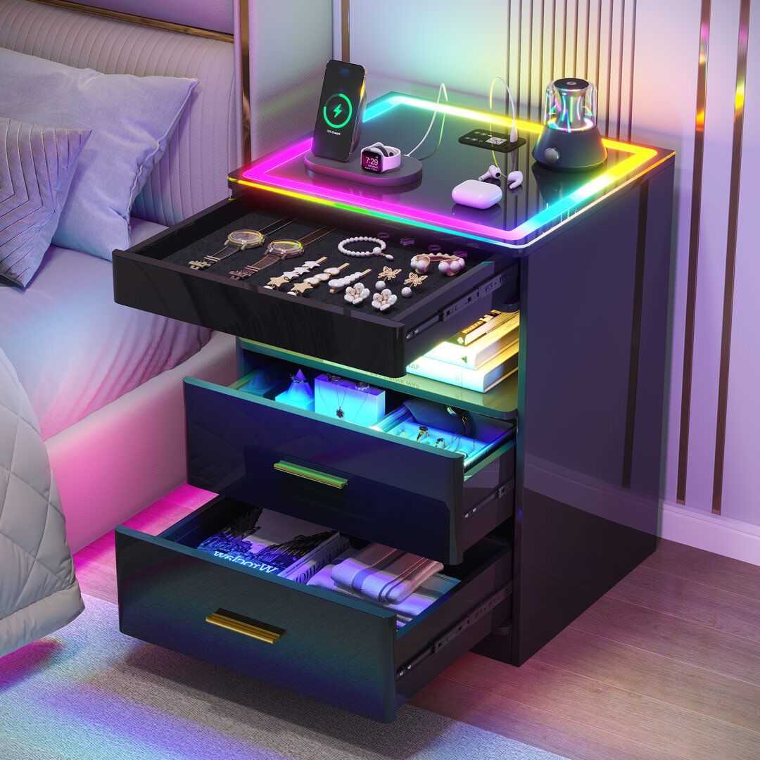 Metro Bedside Table with Lockable Drawer, LED Bedside Cabinet with Glass Tabletop Black 60.4cm H X 45cm W X 40cm D