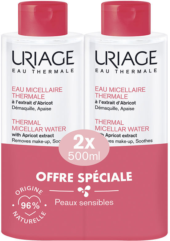 Uriage Água Micelar Termal para pele sensível, embalagem com 2 x 500 ml