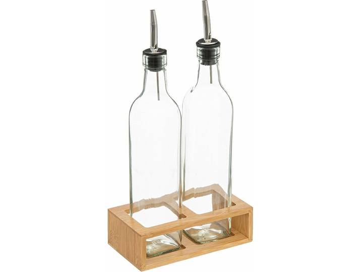 Azijn/Olie flessen tafelset - glas/bamboe - transparant - olijfolieflessen