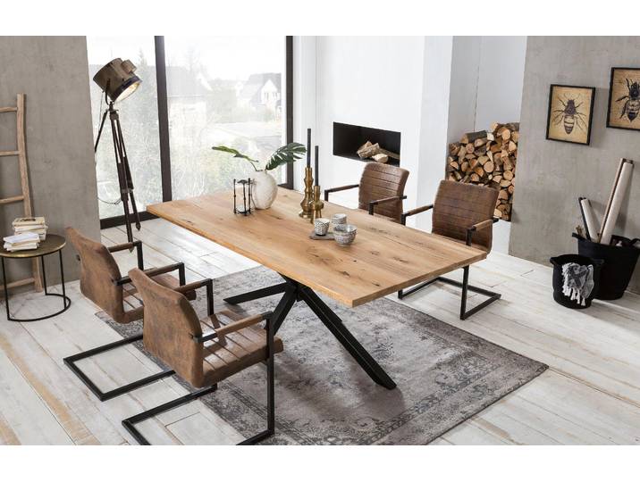 Esstisch SIT Dakar Wildeiche natur mit Stern-Gestell aus Metall, Massivholz , schwarz (natur, schwarz, schwarz, natur), B:200cm H:76cm T:100cm, Tische, Esstisch, Markantes Stern-Gestell trifft auf massive Wildeiche