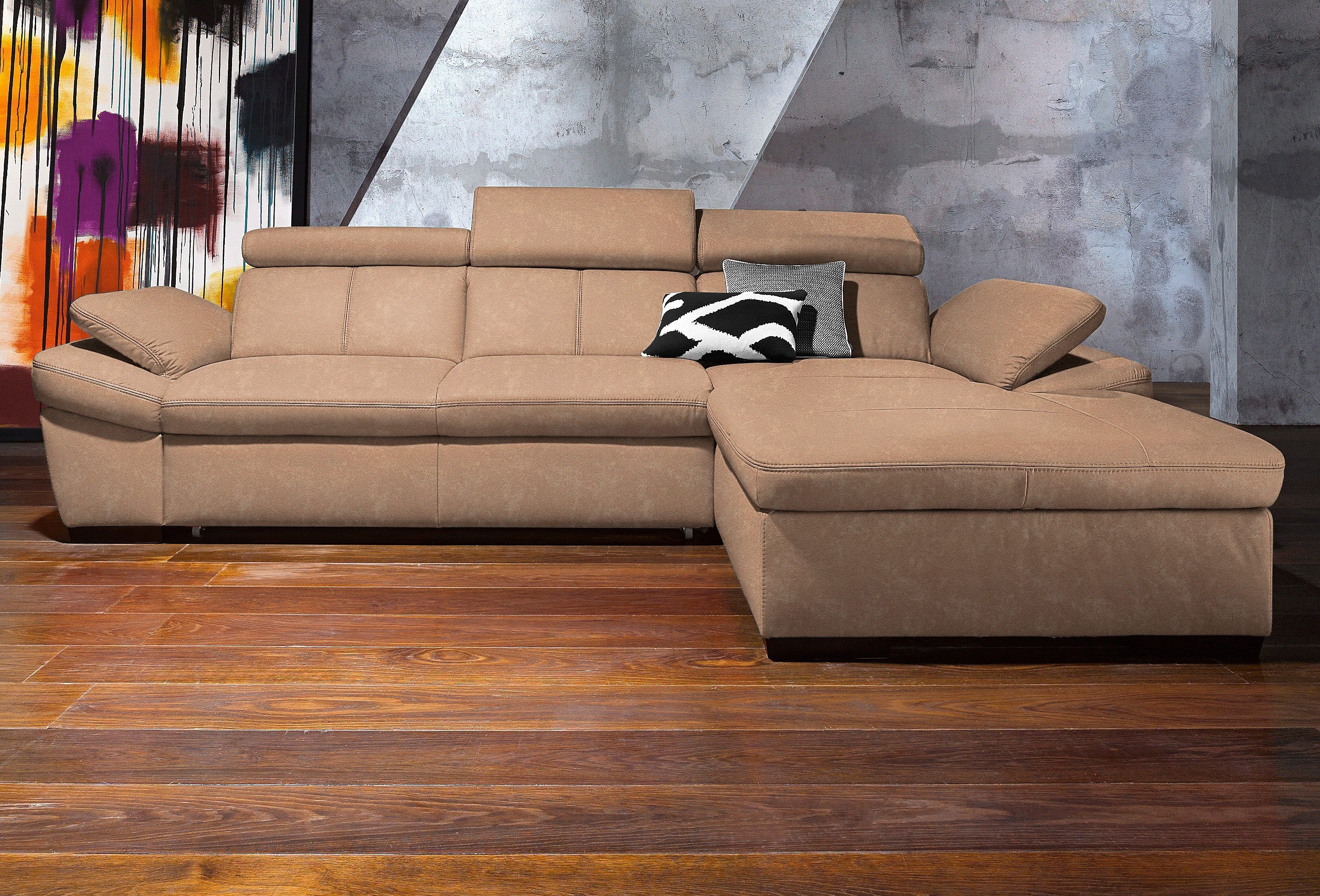 Ecksofa EXXPO - SOFA FASHION "Salerno, Funktionssofa, Breite 280cm, hoher Sitzkomfort, L-Form", braun (cappuccino), B:280cm H:77cm T:170cm, Microfaser-Primabelle (100% Polyester);NaturLEDER;Kunstleder;Lederfaserstoff;Luxus-Microfaser Lederoptik, Sofas, Ec