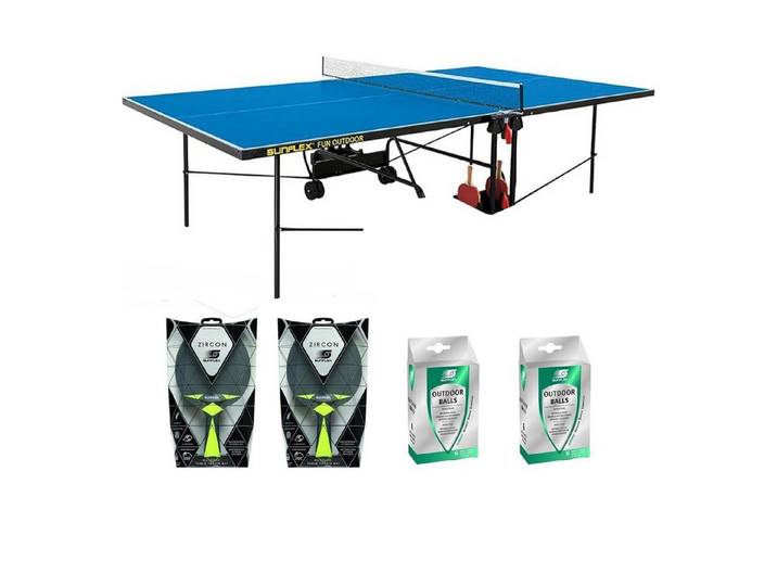 Sunflex Tischtennisplatte Outdoor blau + Netz + Schläger + Bälle
