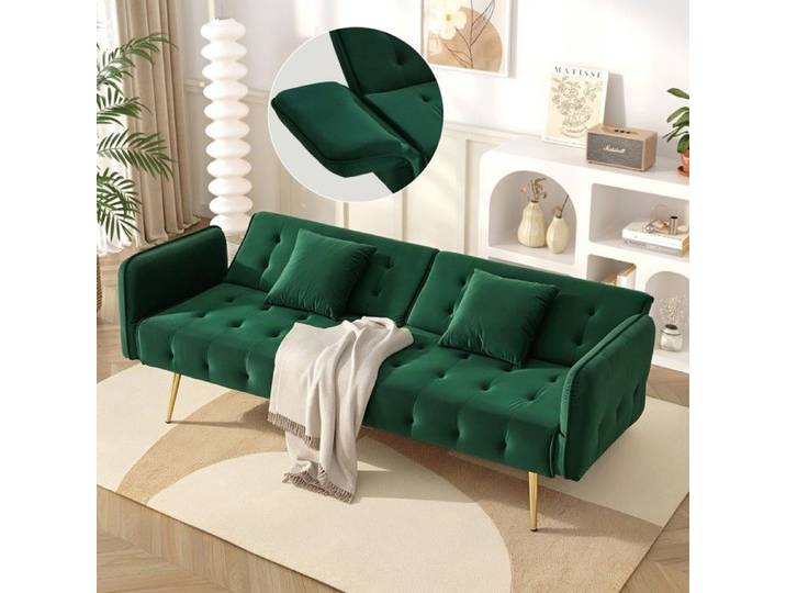 Canapé-lit Convertible-Velours Moderne-Dossier Réglable-Accoudoirs Multipositions-Couchage Spacieux-Vert-178x82x70cm