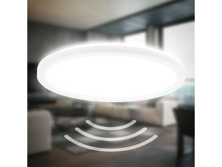 B.K.Licht - Plafonnier LED avec détecteur de mouvement\, plat\, IP44 protection éclaboussures\, plafonnier LED\, panneau LED\, lampe de salle de bain\, lampe de cuisine\, lampe pour pièces humides\, 24x3 cm