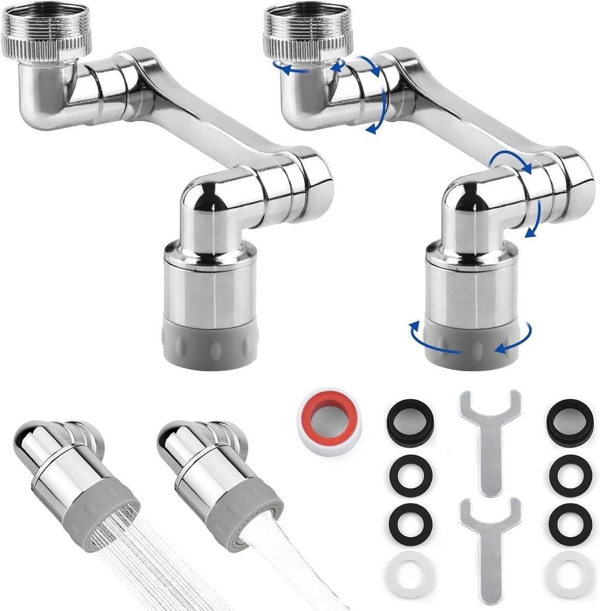 Dailygoods Universele Kraanadapter met RVS-filter, 1440 graden draaibaar, 2 stuks, Zilver