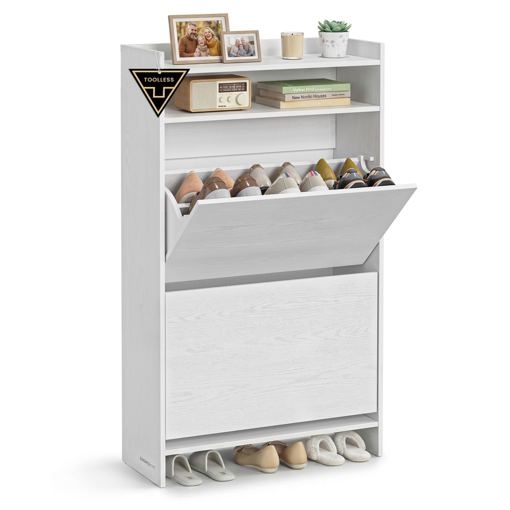SONGMICS HOME Schuhschrank Schuhkipper 2 Klappen schmal Trennwand verstellbar schneeweiß LBC228WE01