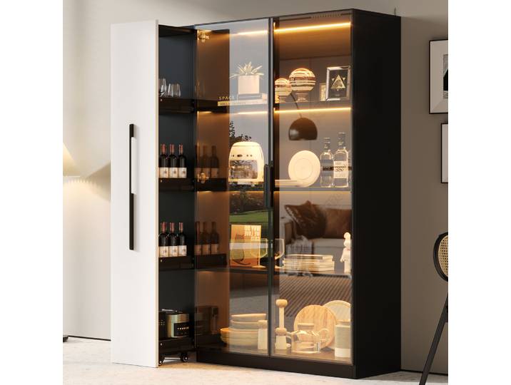 Vitrine multifonctionnelle 110,5×35×160 cm avec porte en verre et éclairage LED, tiroir latéral, bibliothèque, armoire de salle de bain, armoire de salon