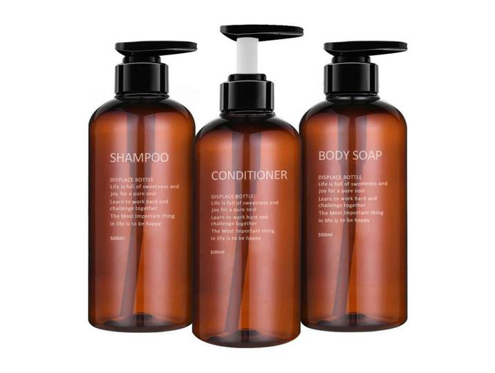 Pumpflaschen 3er Set 500ml Braunes PET Kunststoff, 5x5x10 cm, Badaccessoires, Seifenspender