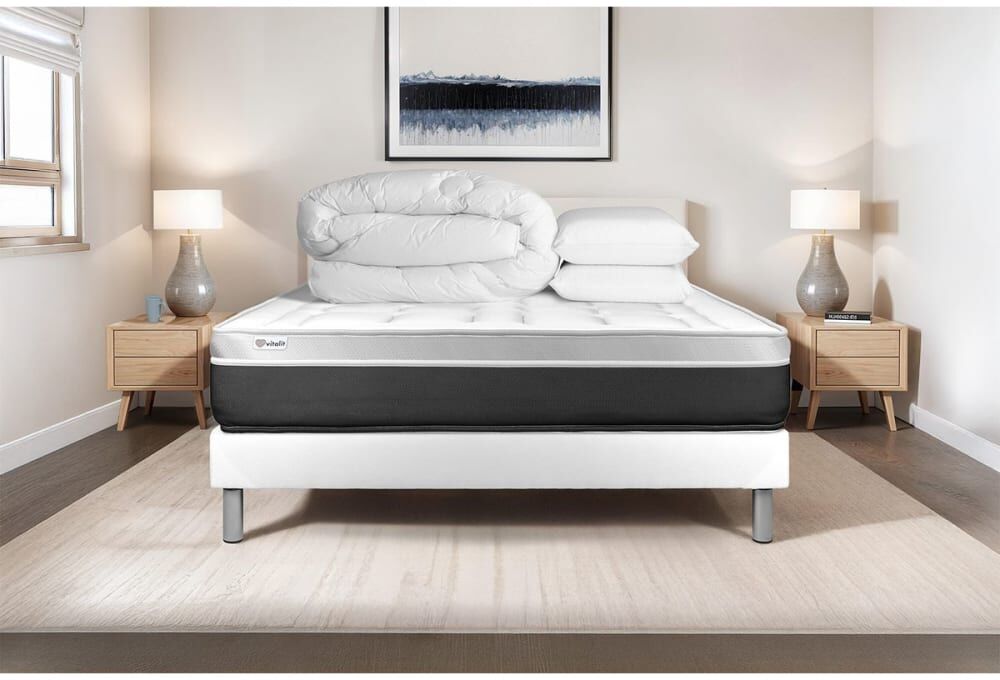 Vitalit Pack sommier kit matelas mémoire de forme 140x190 blanc complet Blanc 190x53x140cm