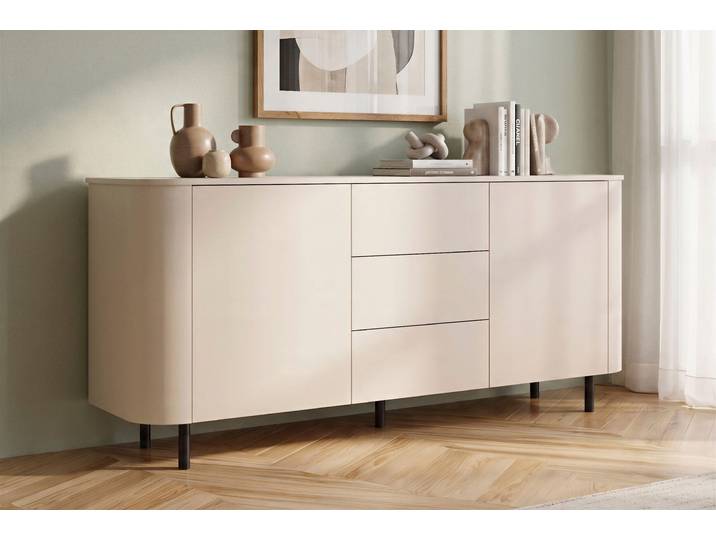 Sideboard GOODPRODUCT Lido, 181 cm breit, 2 Türen, 3 Schubkästen, Kommode, Stauraumschrank , beige (cashmere), B:181cm H:83cm T:43cm, Holzwerkstoff, Sideboards, Sideboard, Formgebogenes MDF, Stirnseiten mit Rundung, Push-to-open, Metallfüsse