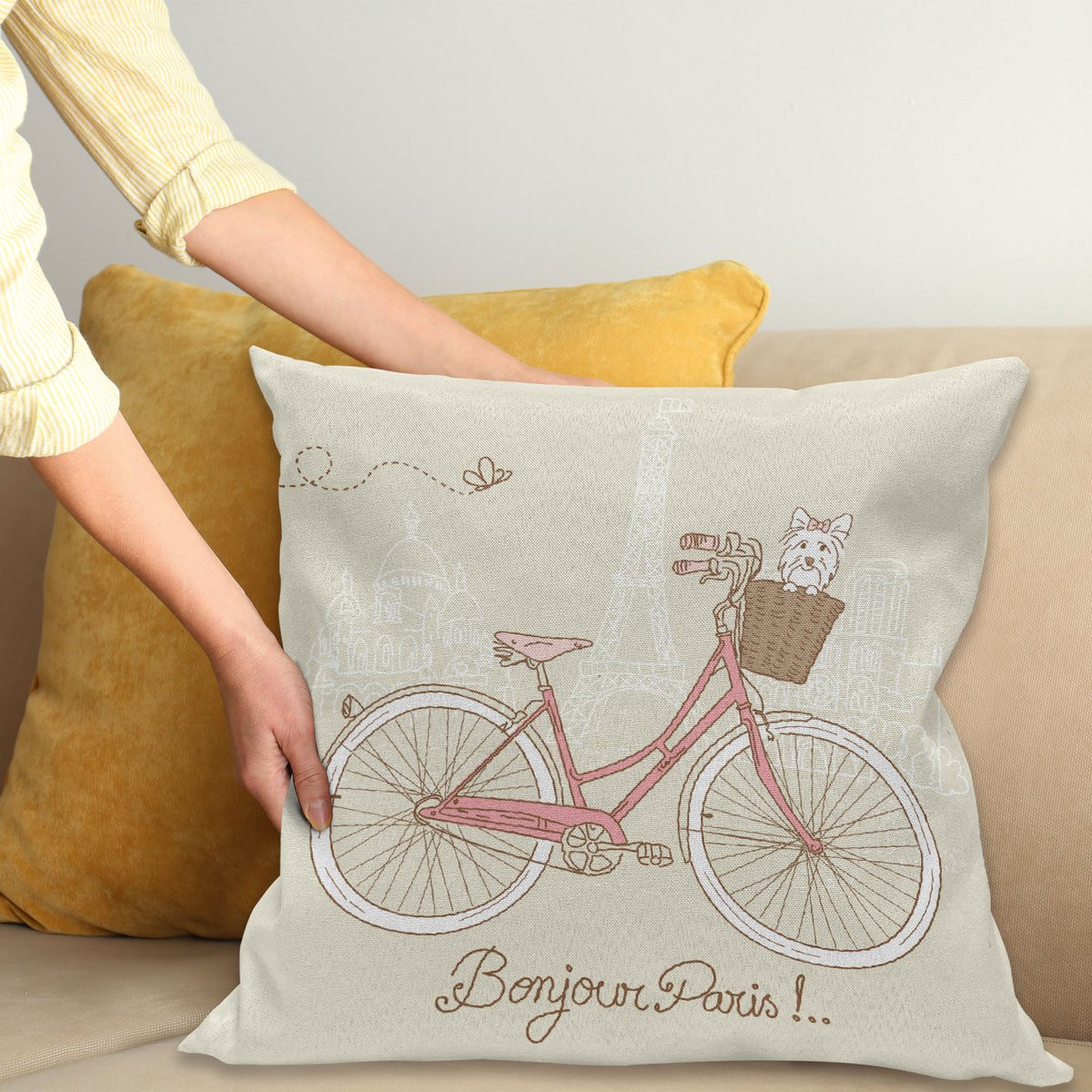 ABAKUHAUS Sierkussenhoes Postkarte van Paris Fiets, Dubbelzijdige Print met Ritssluiting, Eierschalenfarben Korallenrot, 40 x 40 cm