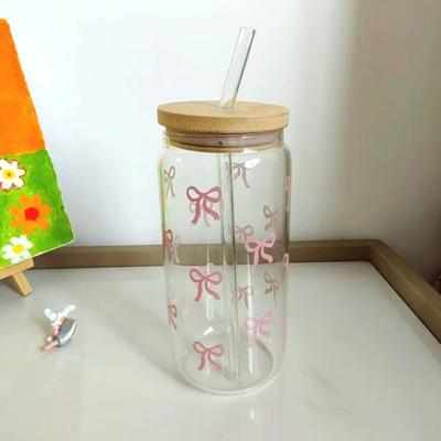 Uplifted Finds 500ml Cherry Bow Glass Tumbler High Performance Mason Jar Shaped Drinking Cup With Ribbed Precision Lid & Straw pink Bow